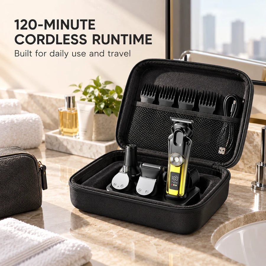 Model 0278 kit packed in its travel case with guide combs, cleaning brush and Type-C charging cable.