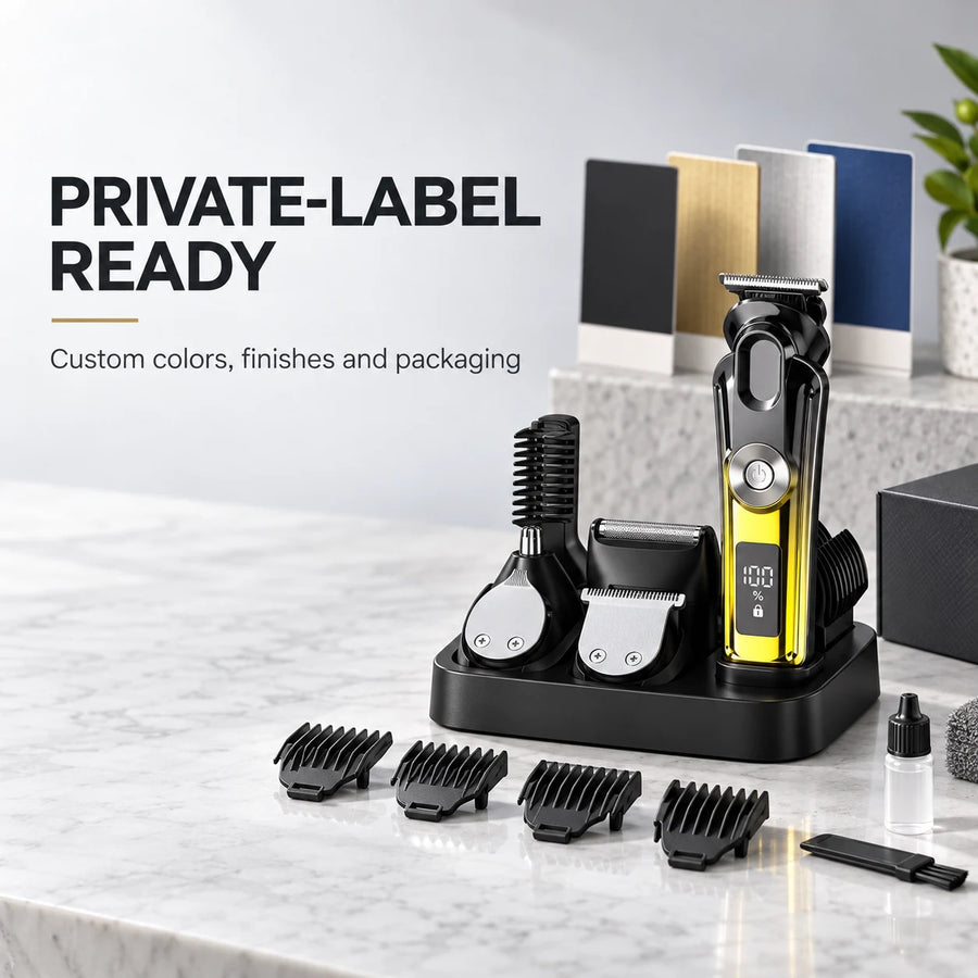 Model 0278 grooming kit with interchangeable attachments, storage stand and private-label colour and finish options.