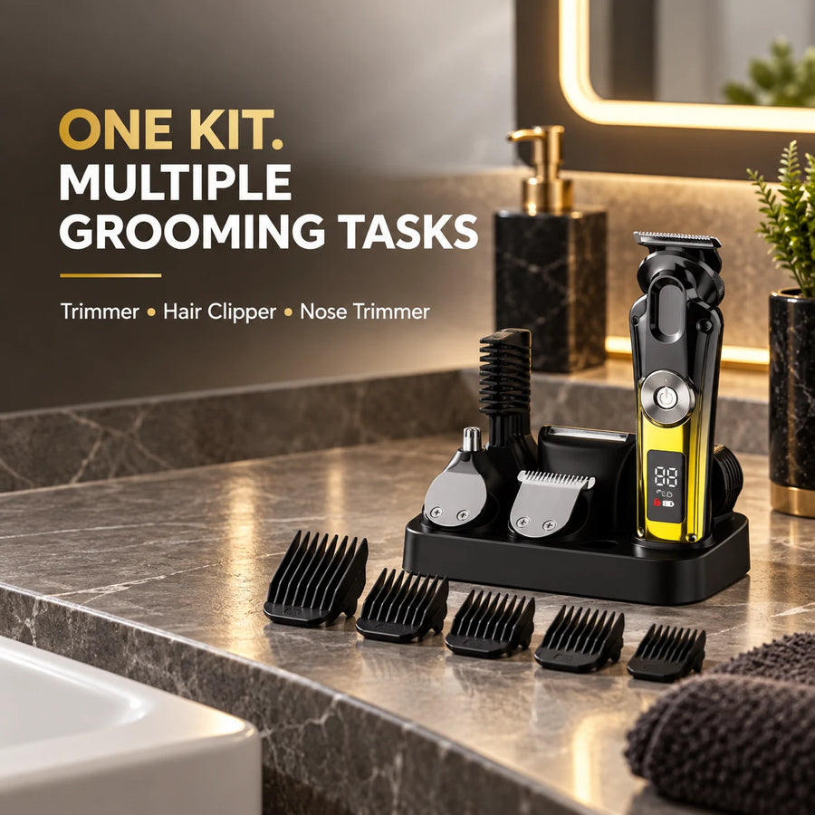 Model 0278 trimmer, hair clipper and nose trimmer attachments on a bathroom counter.