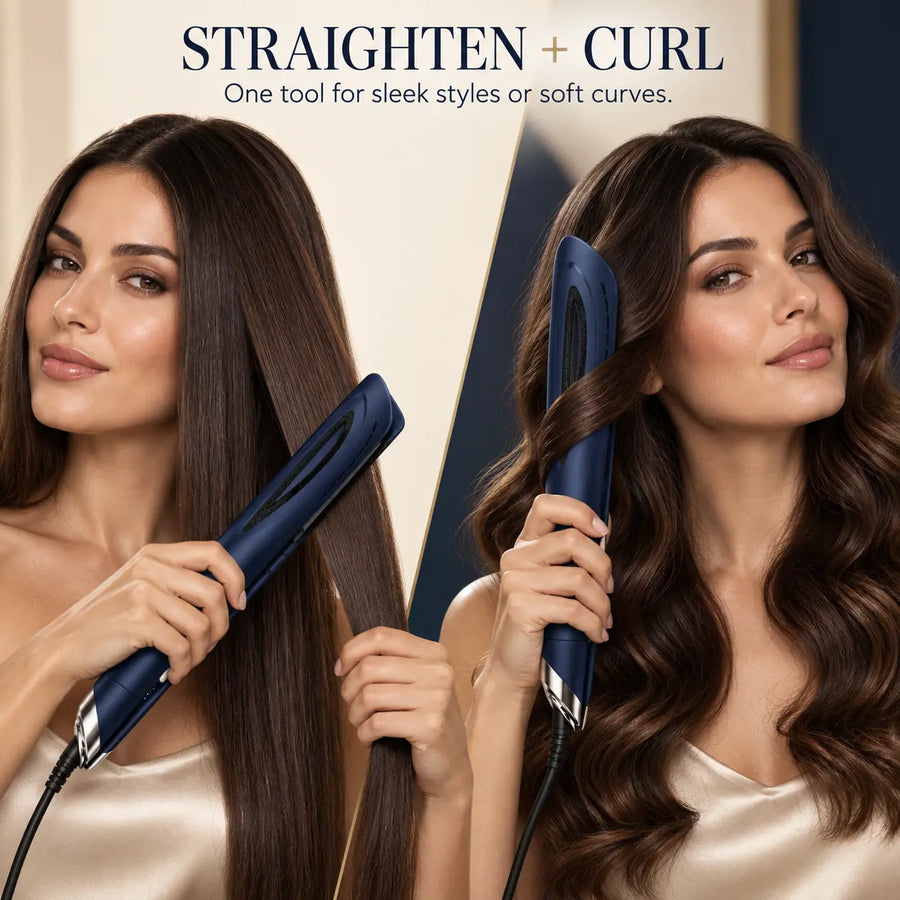 Woman using the RYVO CD-18 airflow styler to straighten and curl hair