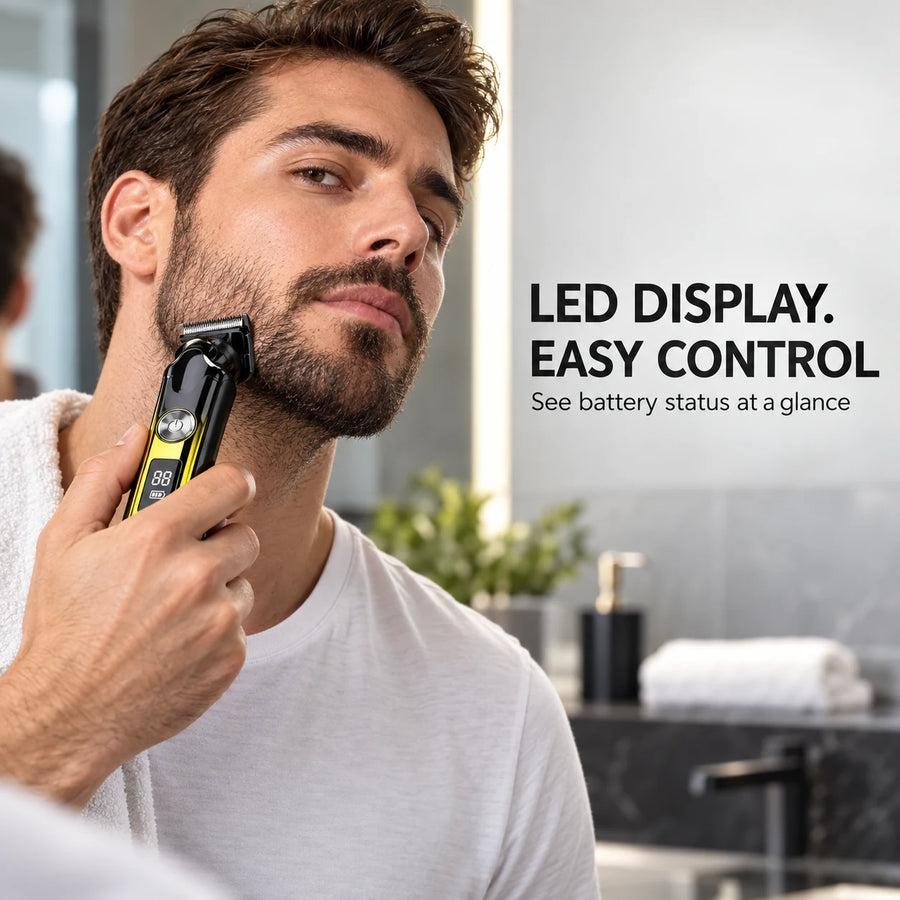 Model 0278 trimmer in use, with the LED display showing battery status and travel lock.