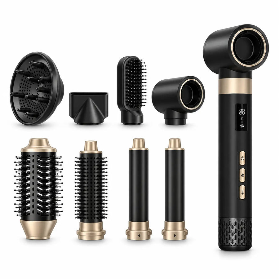 RYVO DM-05 black and gold 8-in-1 high-speed air styler set on a white background.
