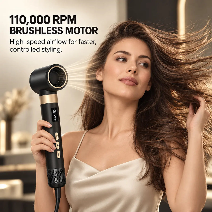 DM-05 air styler with a 110,000 RPM brushless motor and high-speed airflow.
