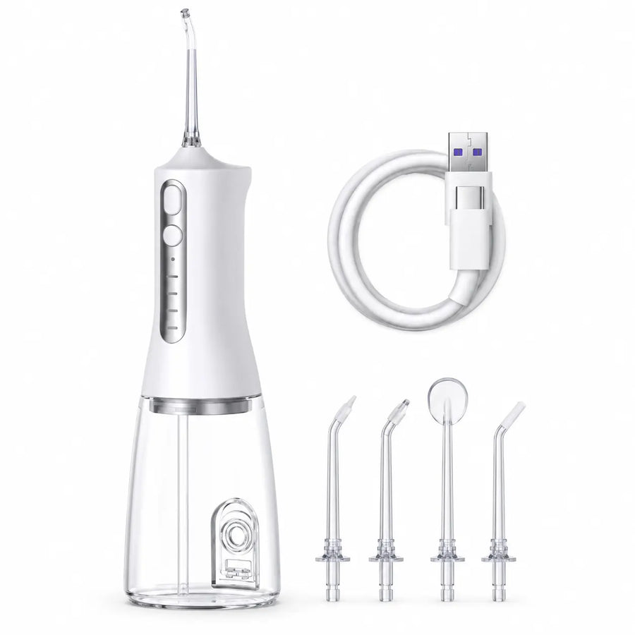 RYVO F600 white cordless water flosser with four nozzles on a white background