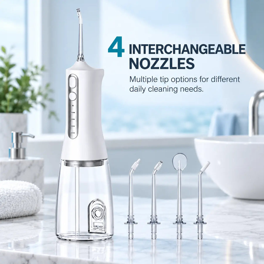 RYVO F600 cordless water flosser supplied with four interchangeable nozzles