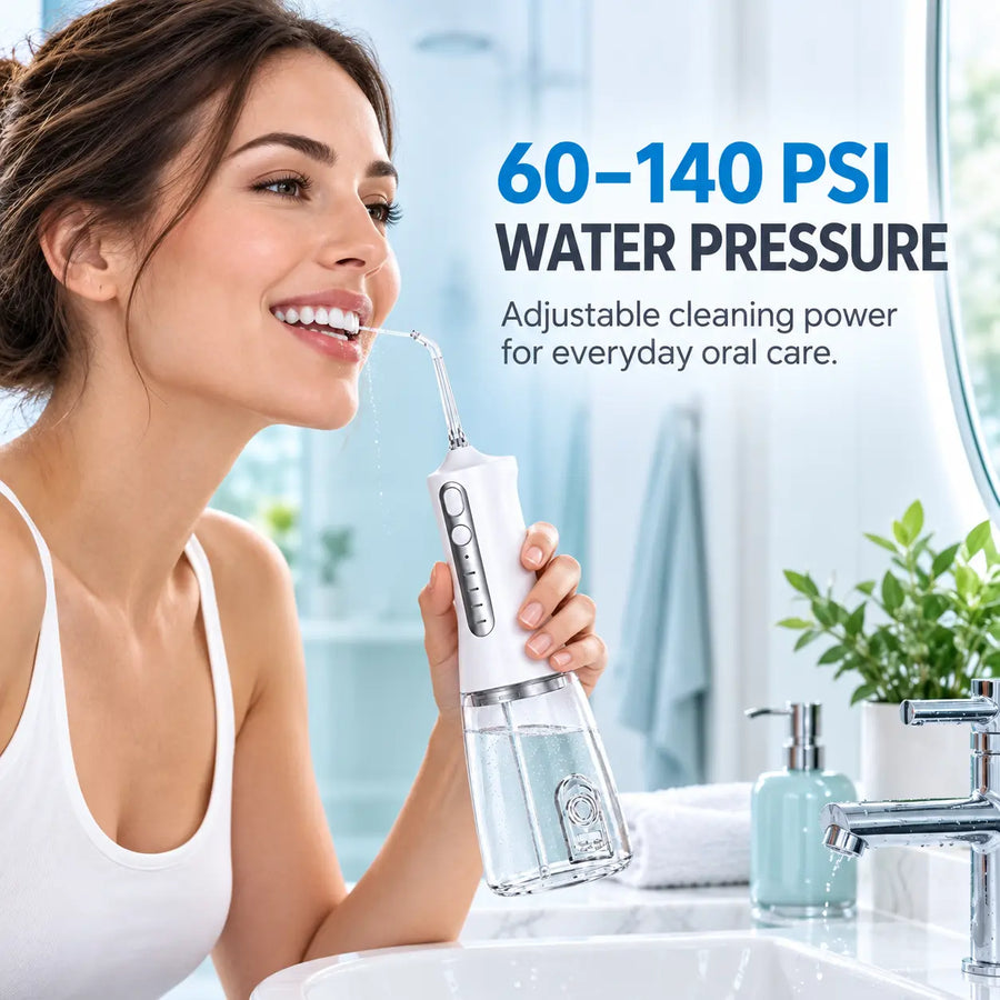 Woman using the RYVO F600 water flosser with adjustable 60 to 140 PSI pressure
