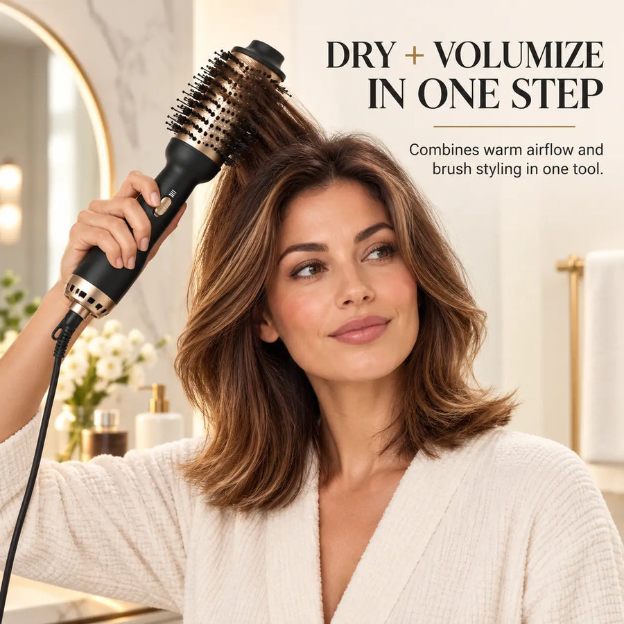Woman using the RYVO HY-336 hot air brush to dry and volumize hair