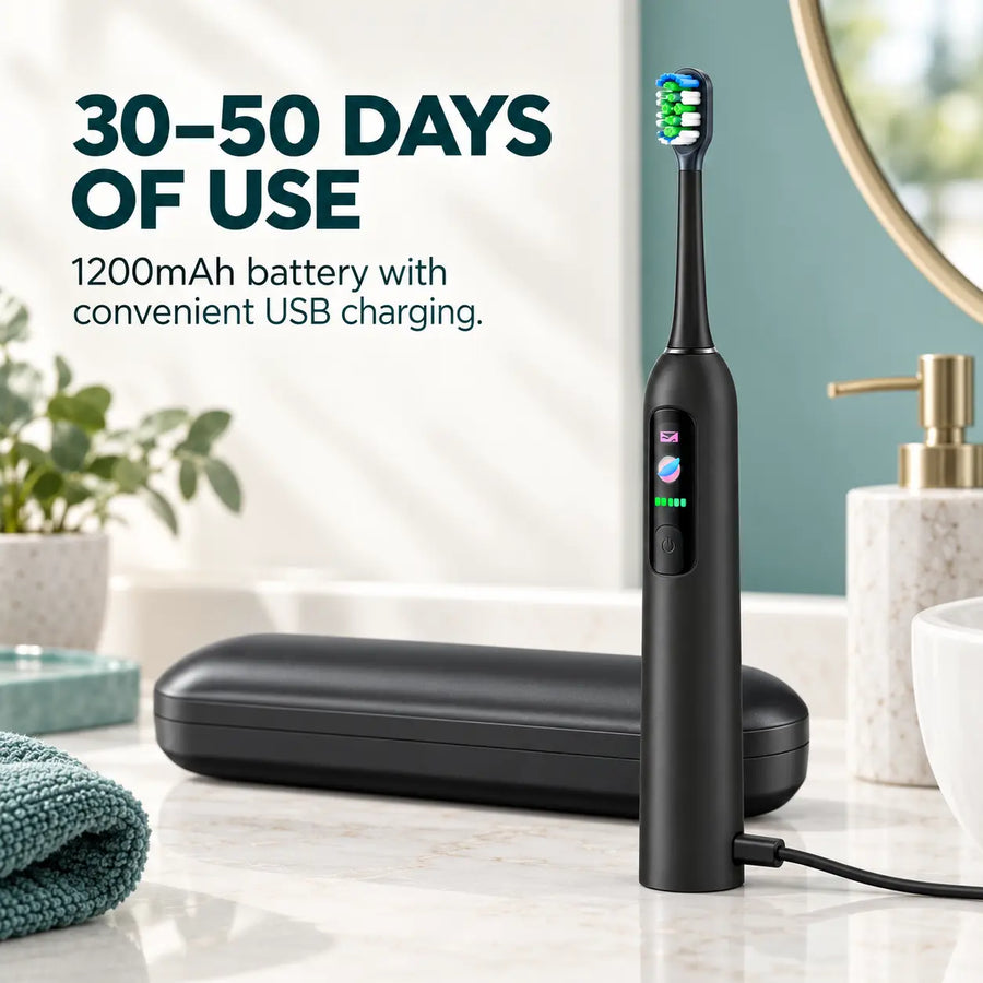 K100P toothbrush with 1200mAh battery, USB charging and travel case.