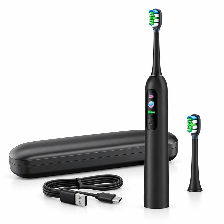 RYVO K100P black vibrosonic electric toothbrush set on a white background.