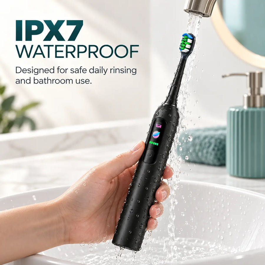 IPX7 waterproof K100P electric toothbrush being rinsed under running water.