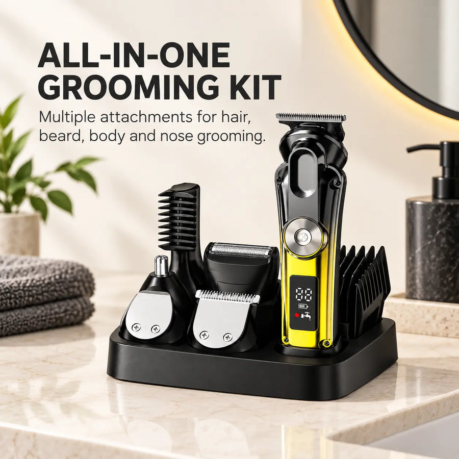 Model 0278 all-in-one grooming kit with interchangeable attachments and storage stand.