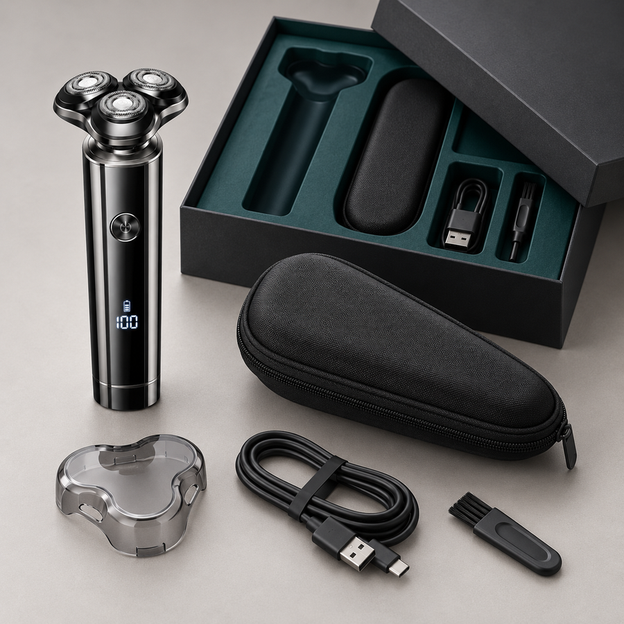 RYVO Model 362 rotary shaver with travel case, charging cable, cleaning brush and blade cover