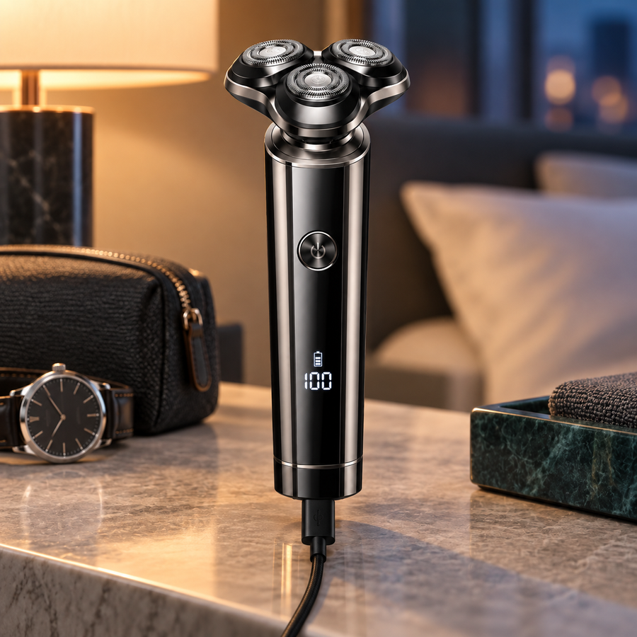 RYVO Model 362 rotary shaver on charge showing the digital battery level display