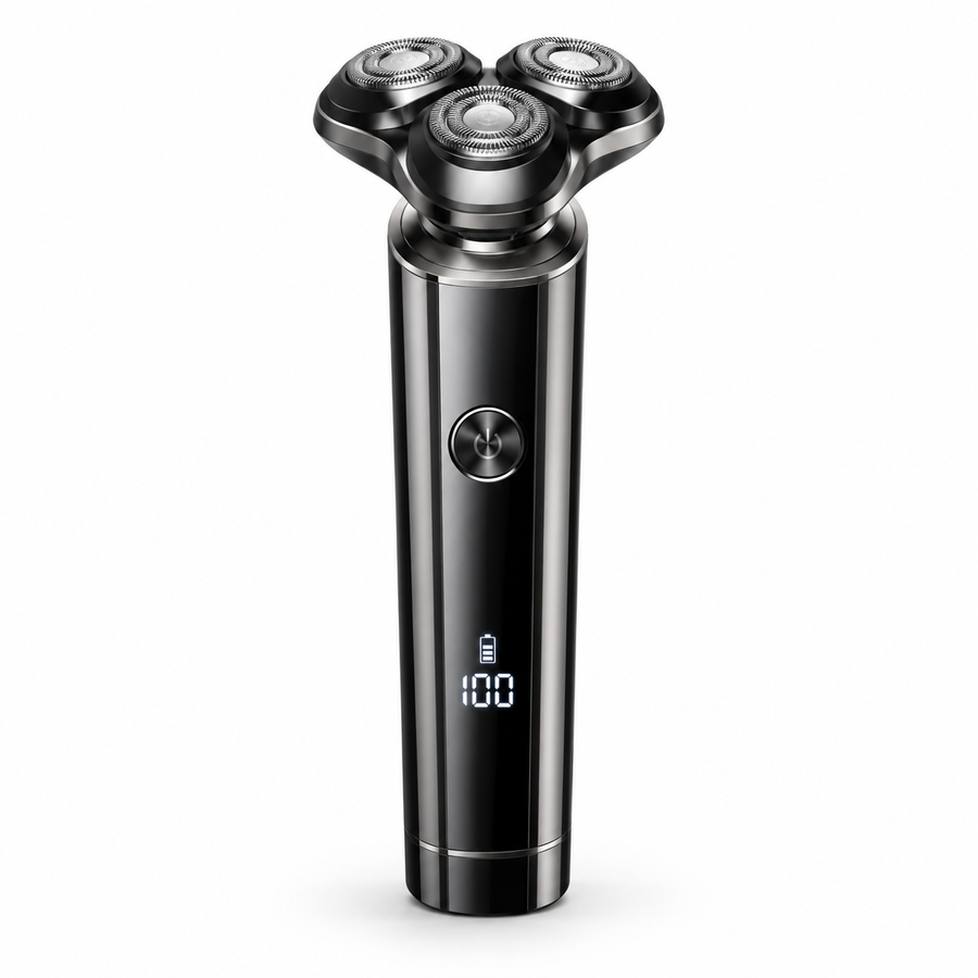 RYVO Model 362 black and silver triple-head rotary shaver on a white background