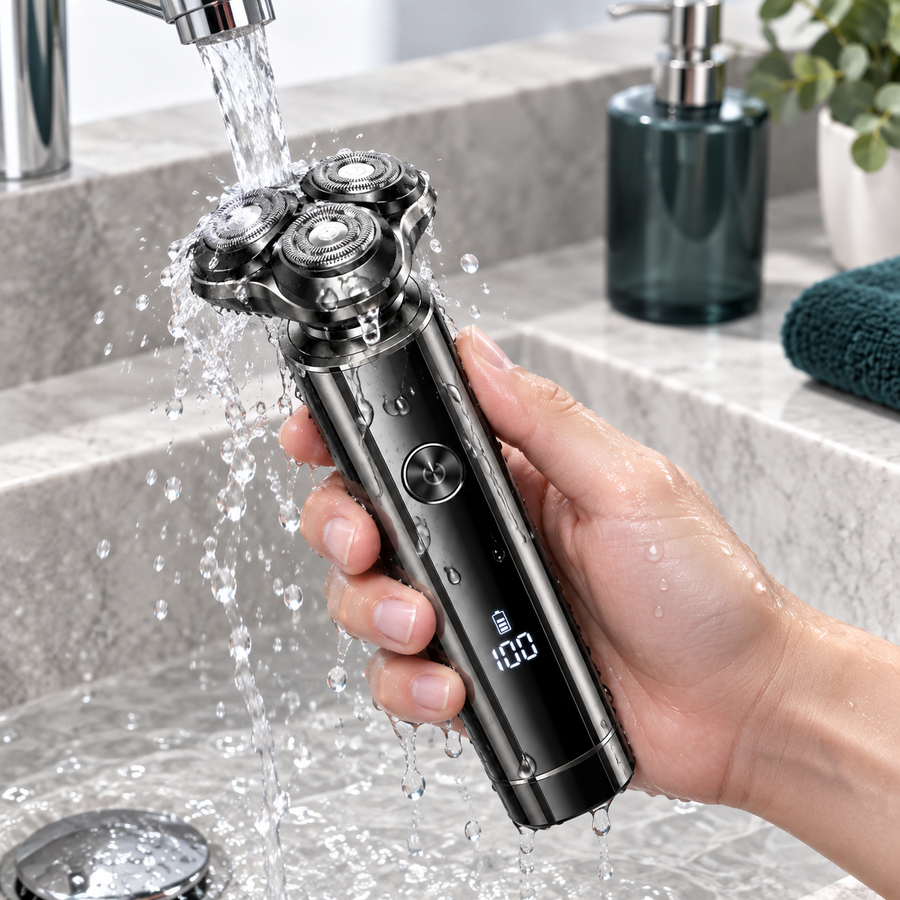 RYVO Model 362 rotary shaver rinsed under running water to show the washable body