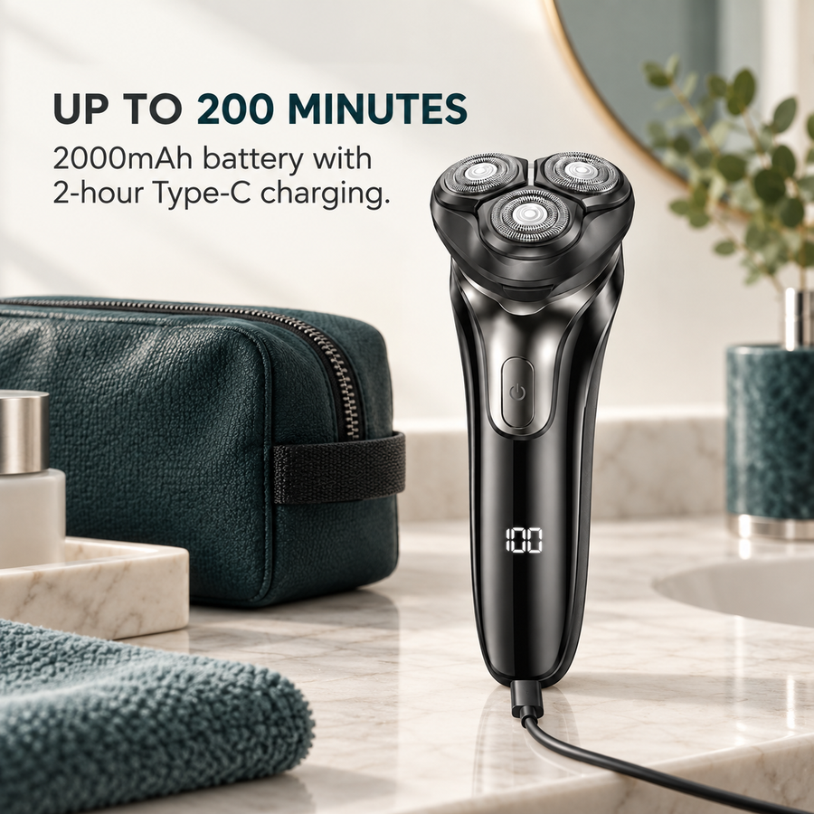 Model 375 electric shaver with 2000mAh battery and Type-C charging.