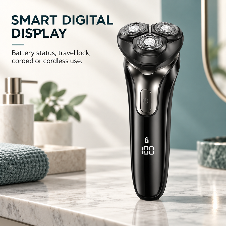 Model 375 shaver with digital battery display and travel lock.