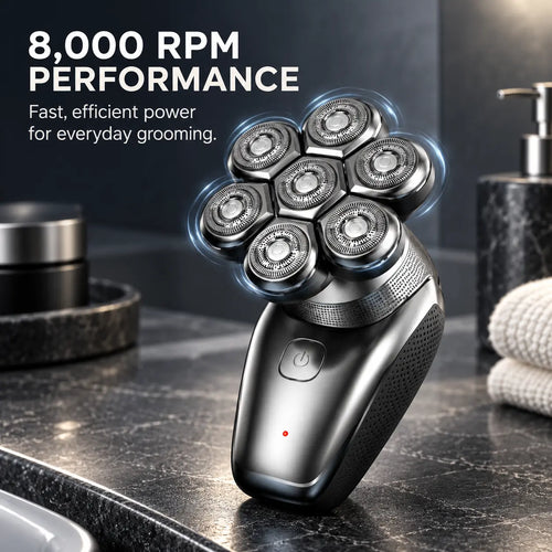 Seven-head rotary shaver with 8,000 RPM motor performance.