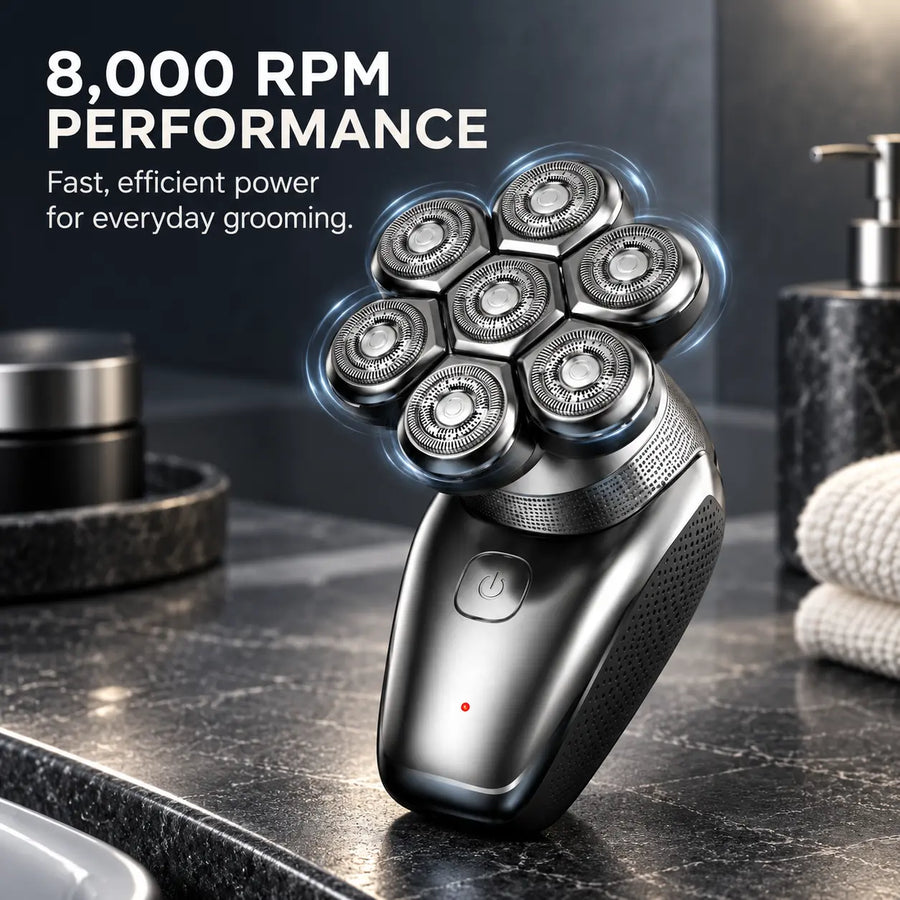 Seven-head rotary shaver with 8,000 RPM motor performance.
