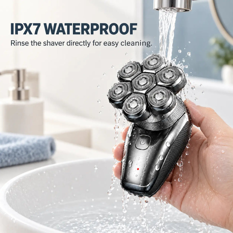IPX7 waterproof seven-head shaver being rinsed under running water.