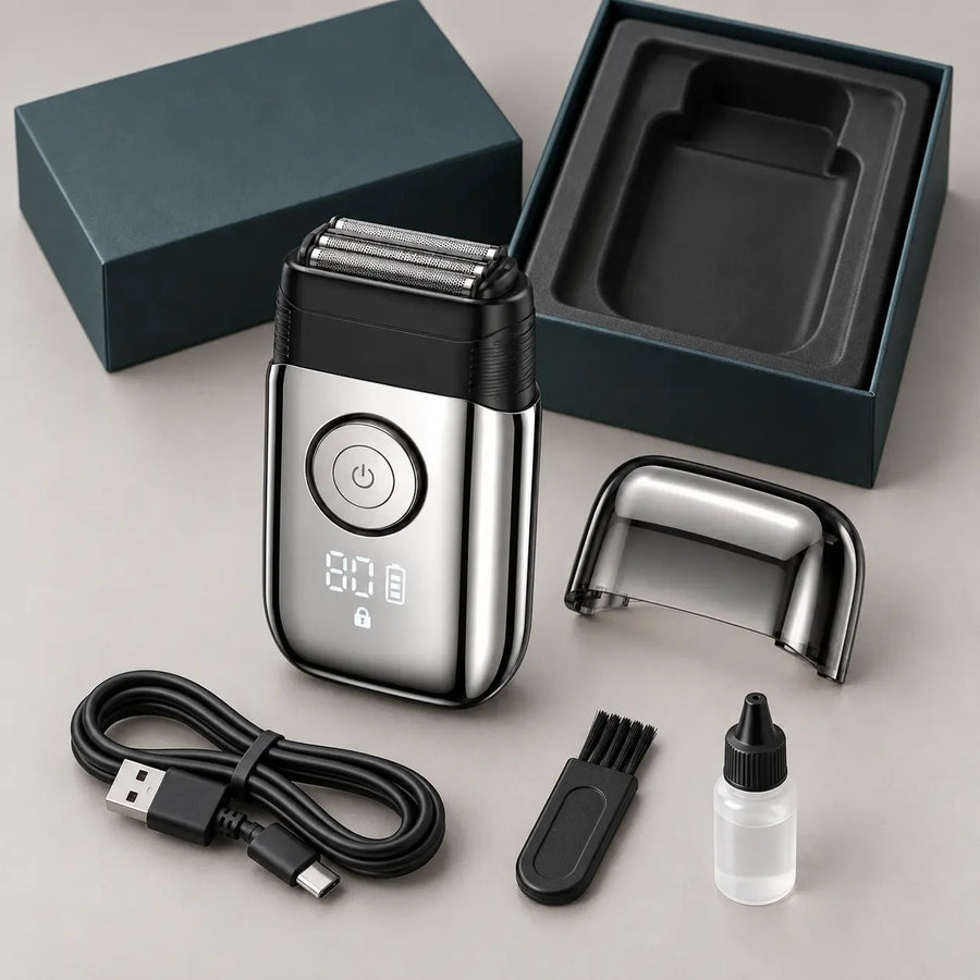 RYVO Model 9715 shaver with storage box, USB cable, cleaning brush and lubricating oil