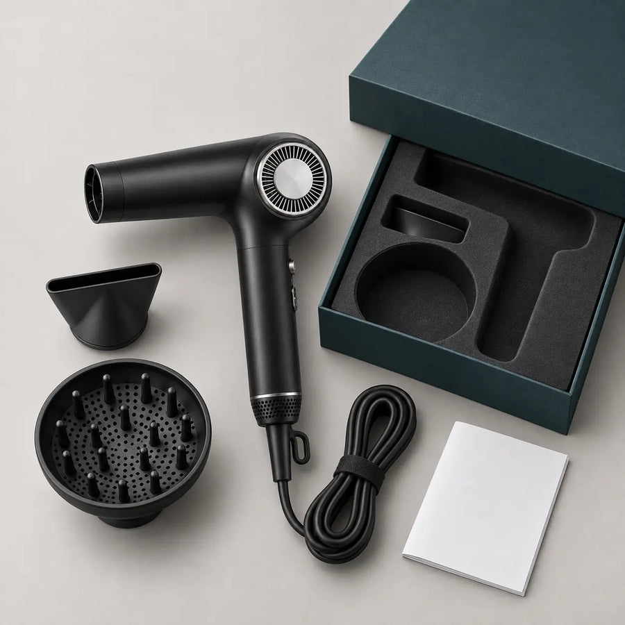 RYVO Q9 hair dryer with concentrator nozzle, diffuser, storage box and instruction manual