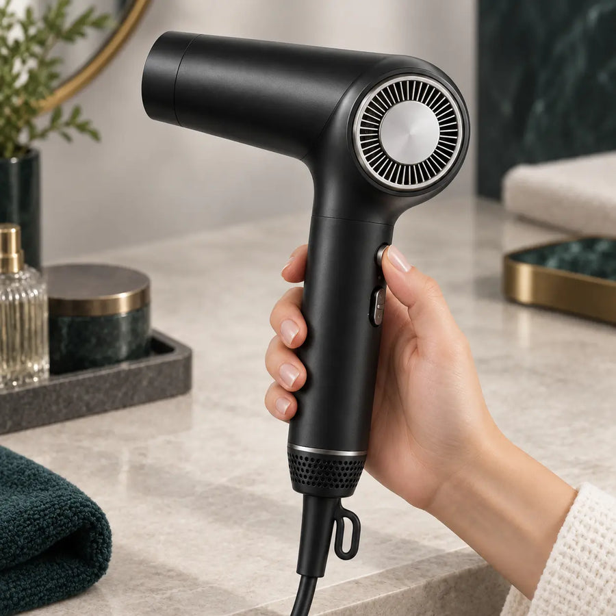 Close-up of the RYVO Q9 hair dryer temperature and airflow controls