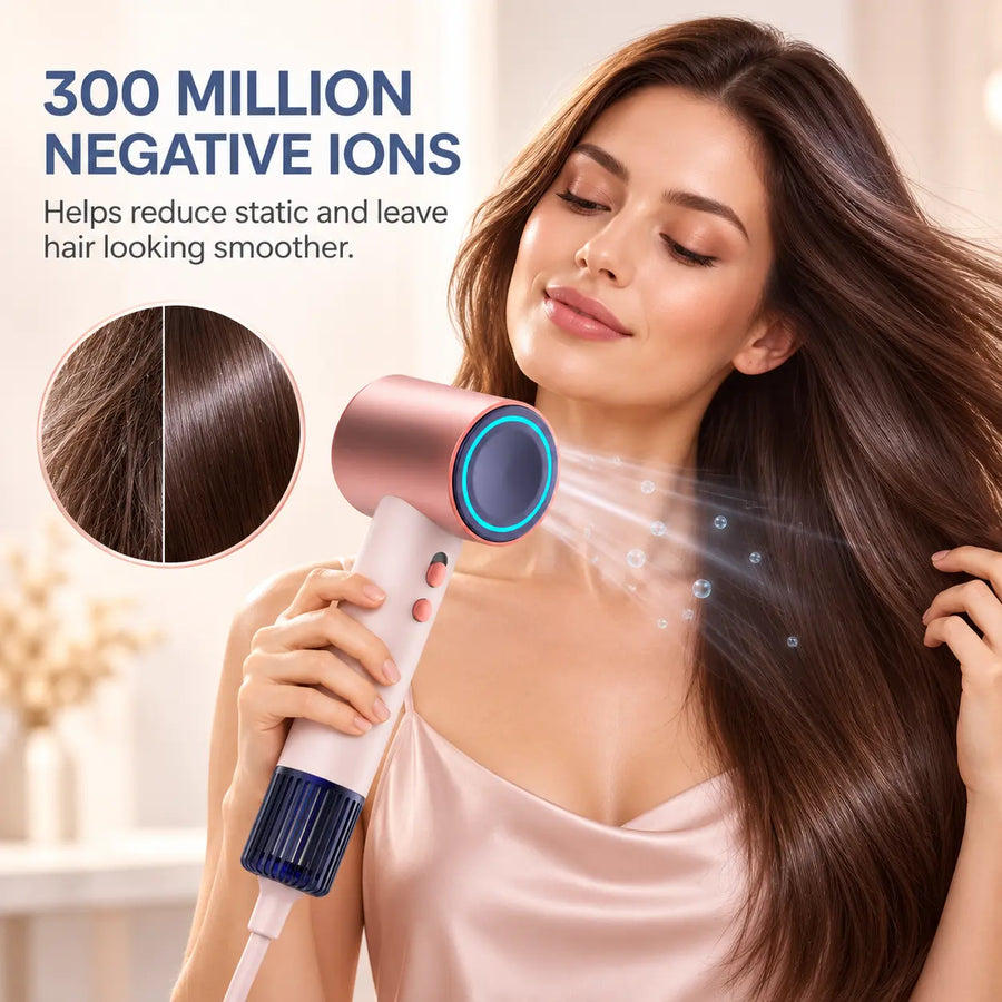 R8 hair dryer with 300 million negative ions for smoother-looking hair.