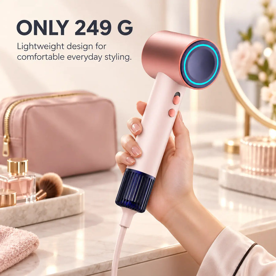 Lightweight 249 g R8 high-speed hair dryer held comfortably in one hand.