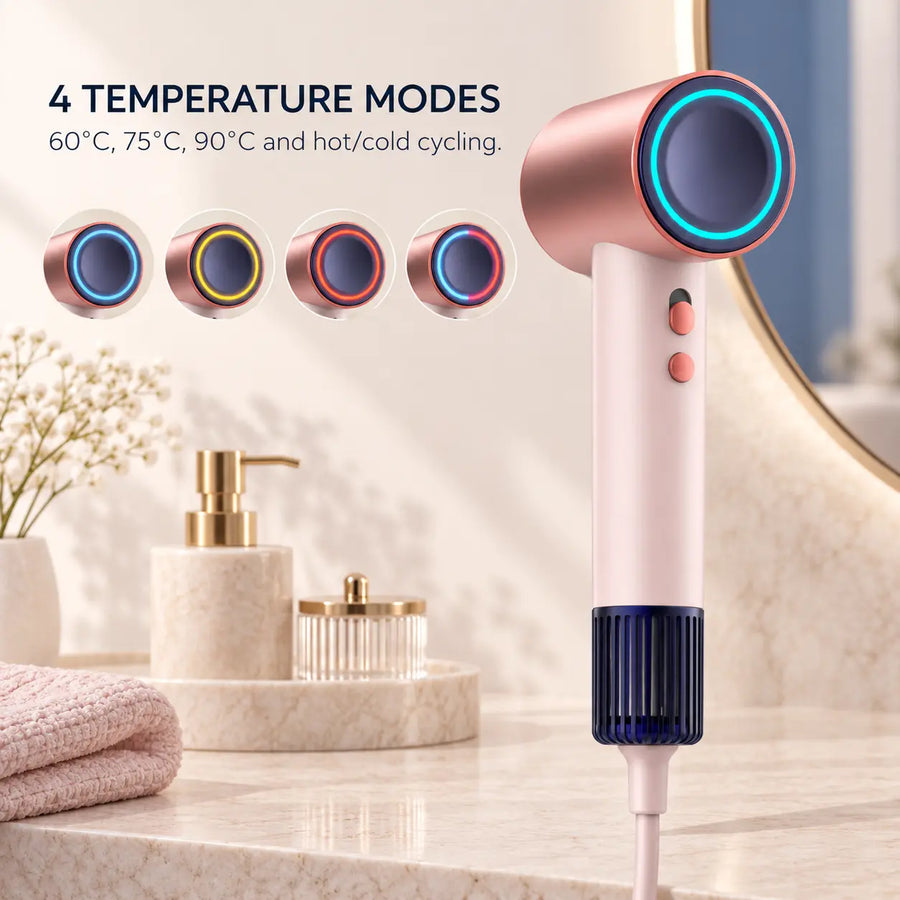 R8 hair dryer showing four temperature modes through its illuminated outlet ring.