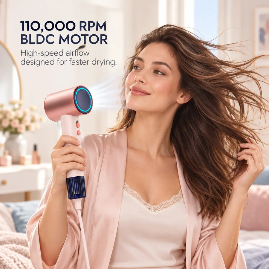 R8 hair dryer with a 110,000 RPM BLDC motor and high-speed airflow.