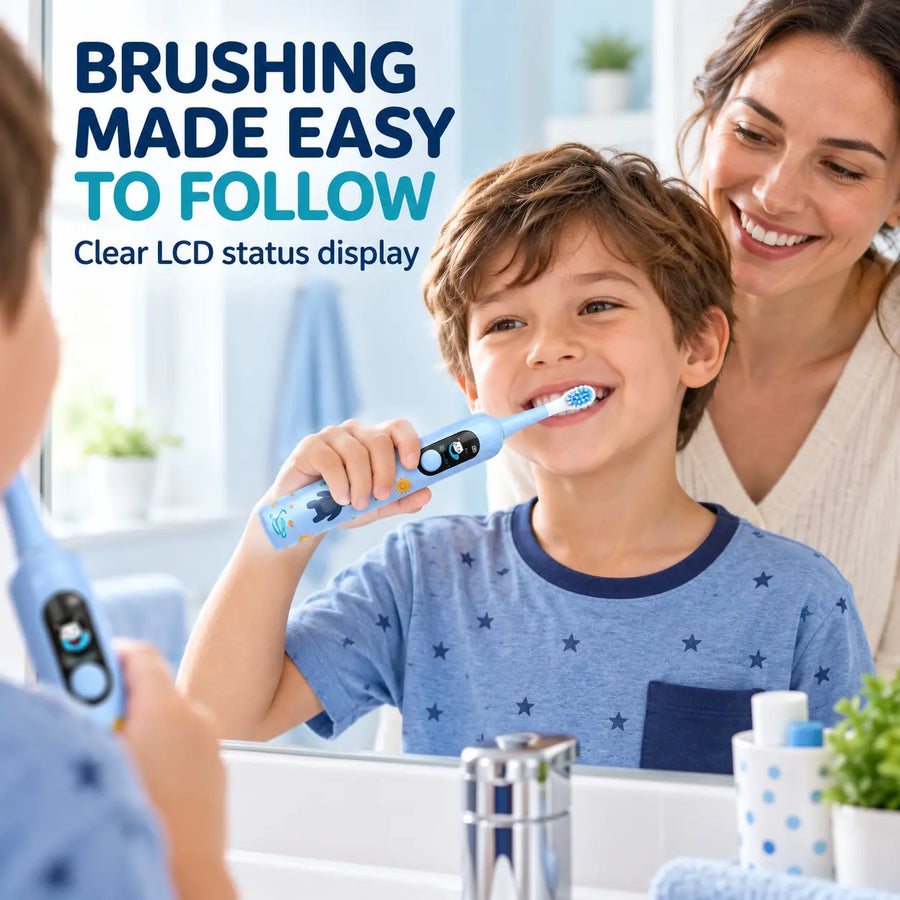 Child brushing with the RYVO X800-C kids sonic toothbrush and its clear LCD status display