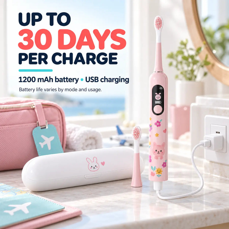 RYVO X800-C kids toothbrush on charge with 1200 mAh battery and travel case