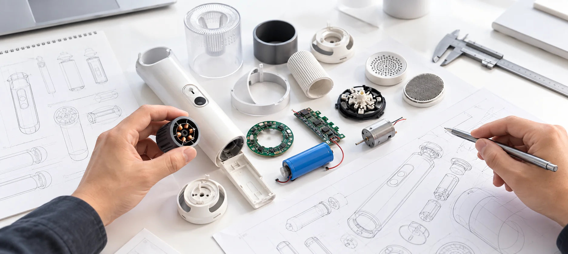 Product development desk: disassembled samples, CAD drawings and engineering notes, hands analysing a component