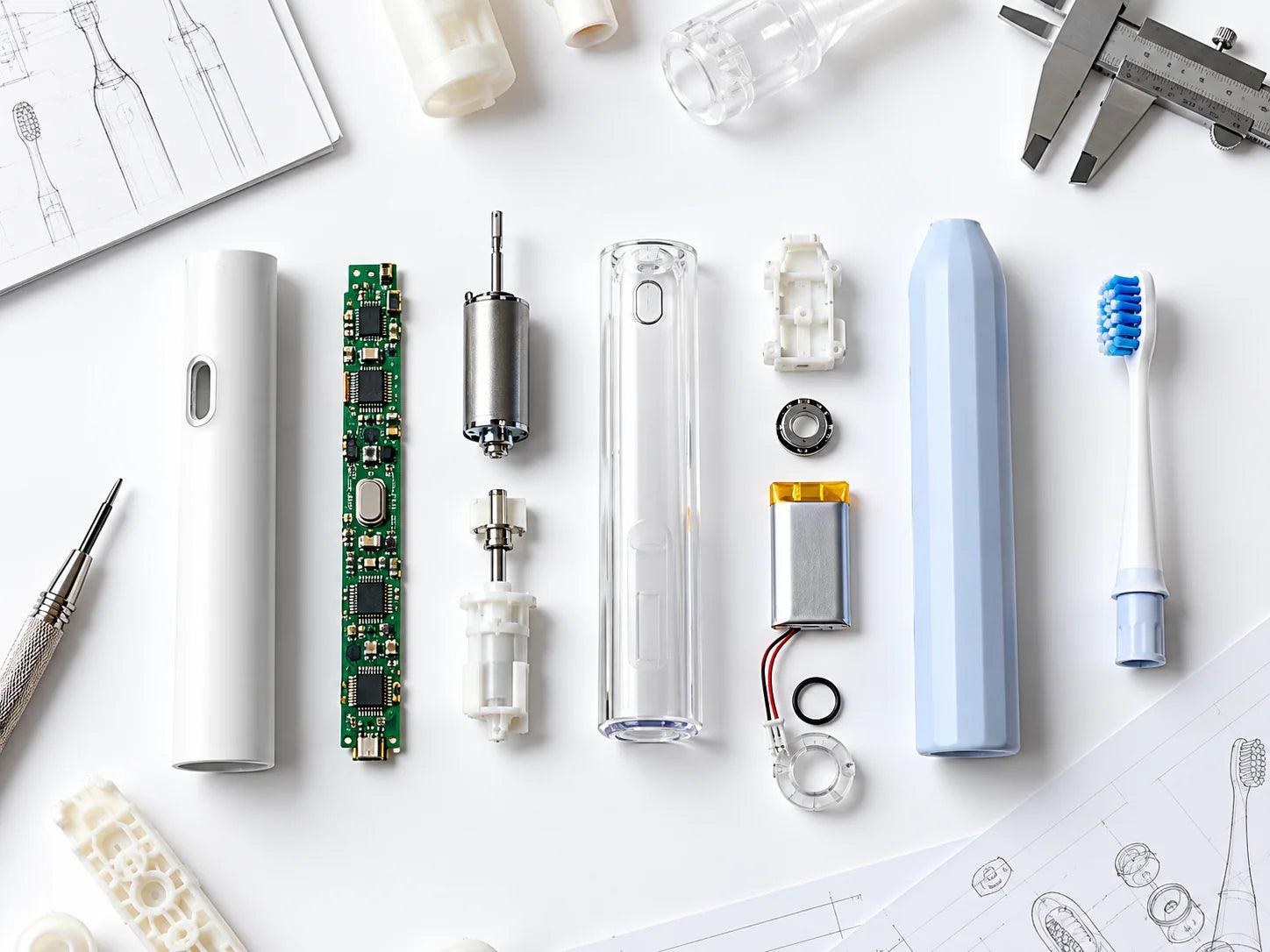 Teardown of a personal care device: PCBA, battery, motor and housings on a workbench