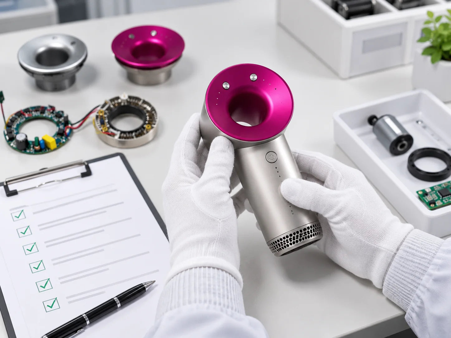 Quality inspection of an assembled device against a checklist, gloved hands