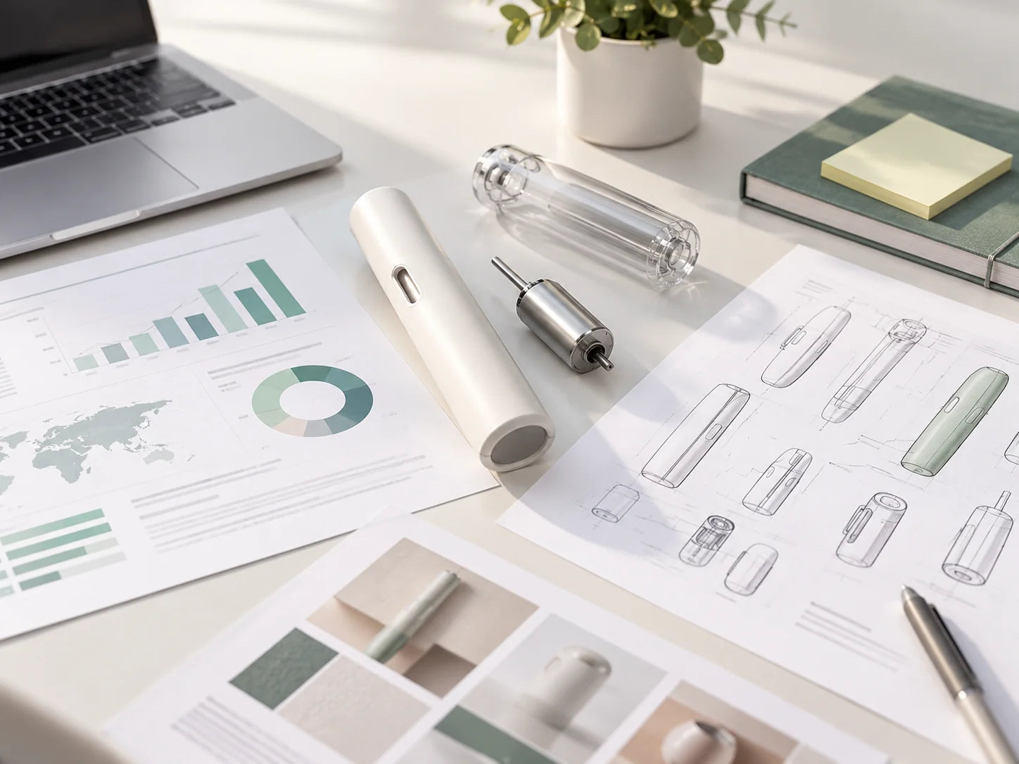 Market-analysis printouts and product sketches beside a device prototype