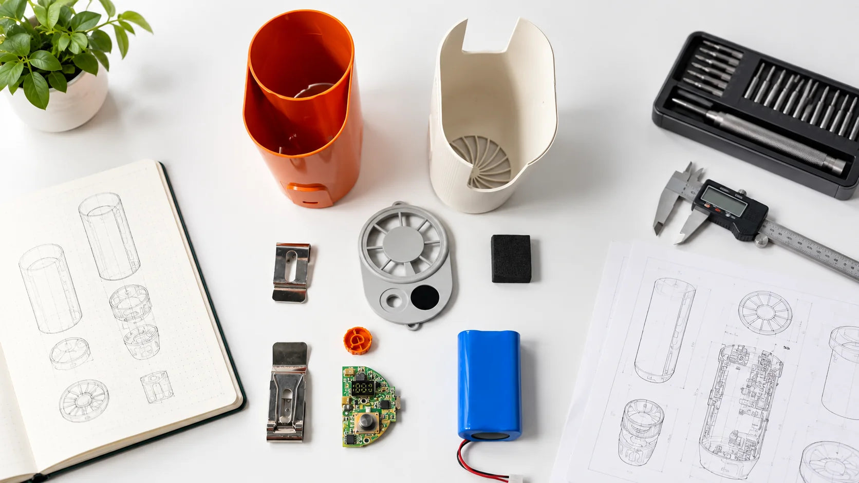 Teardown parts, an open notebook of sketches and a digital caliper on a bench