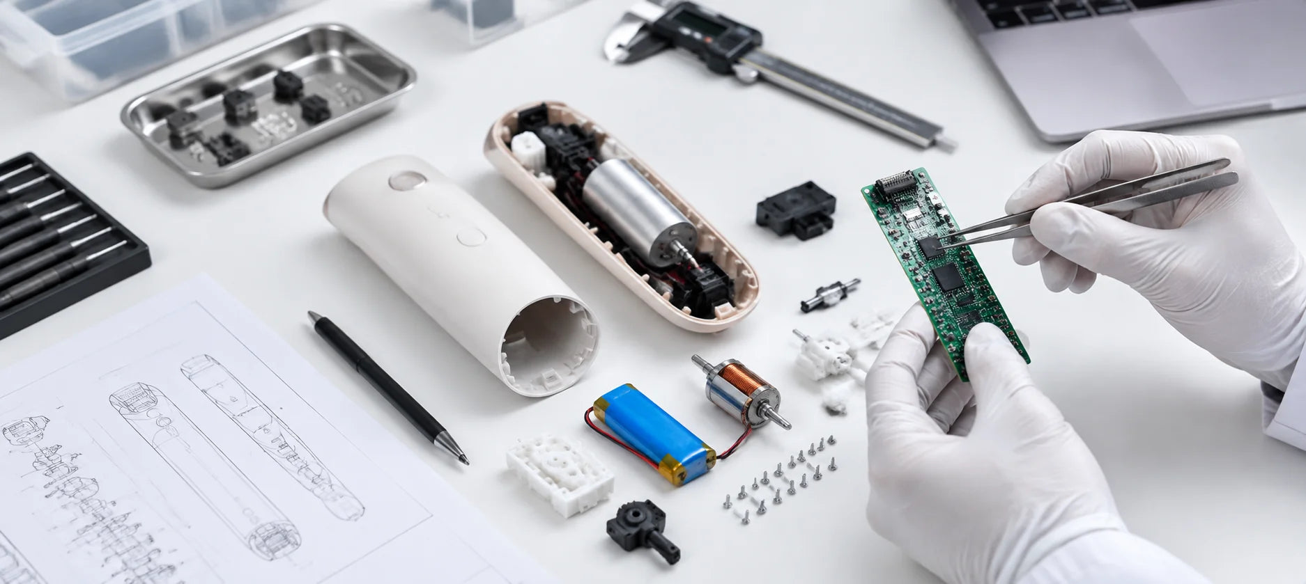 Teardown laboratory bench: an opened device with its PCBA, cell and motor laid out, gloved hands inspecting a board