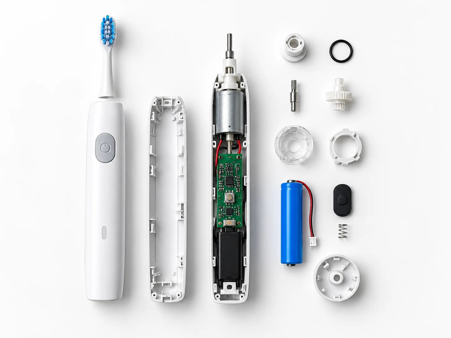 An opened electric toothbrush with the housing removed, internal assembly exposed